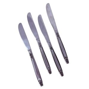 4 Dinner Knives 8 1/2" Knife Rose Border National Stainless Flatware‎ Korea